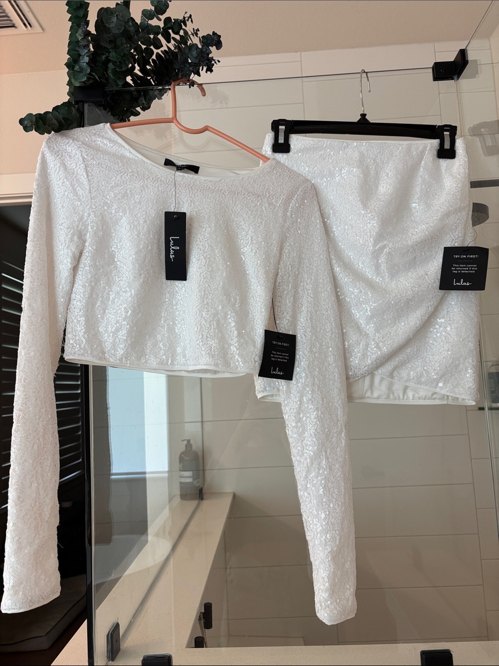 Lulu's White Sequined Long-Sleeve Crop Top and Mini Skirt Set